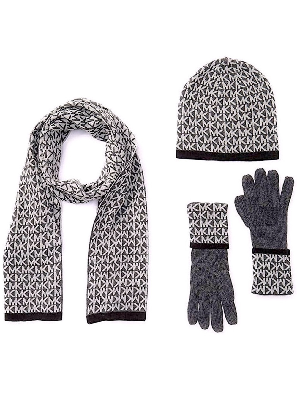 Michael Kors Women's 3 Piece Set MK Repeat Logo Scarf, Hat & Gloves (Derby Grey)